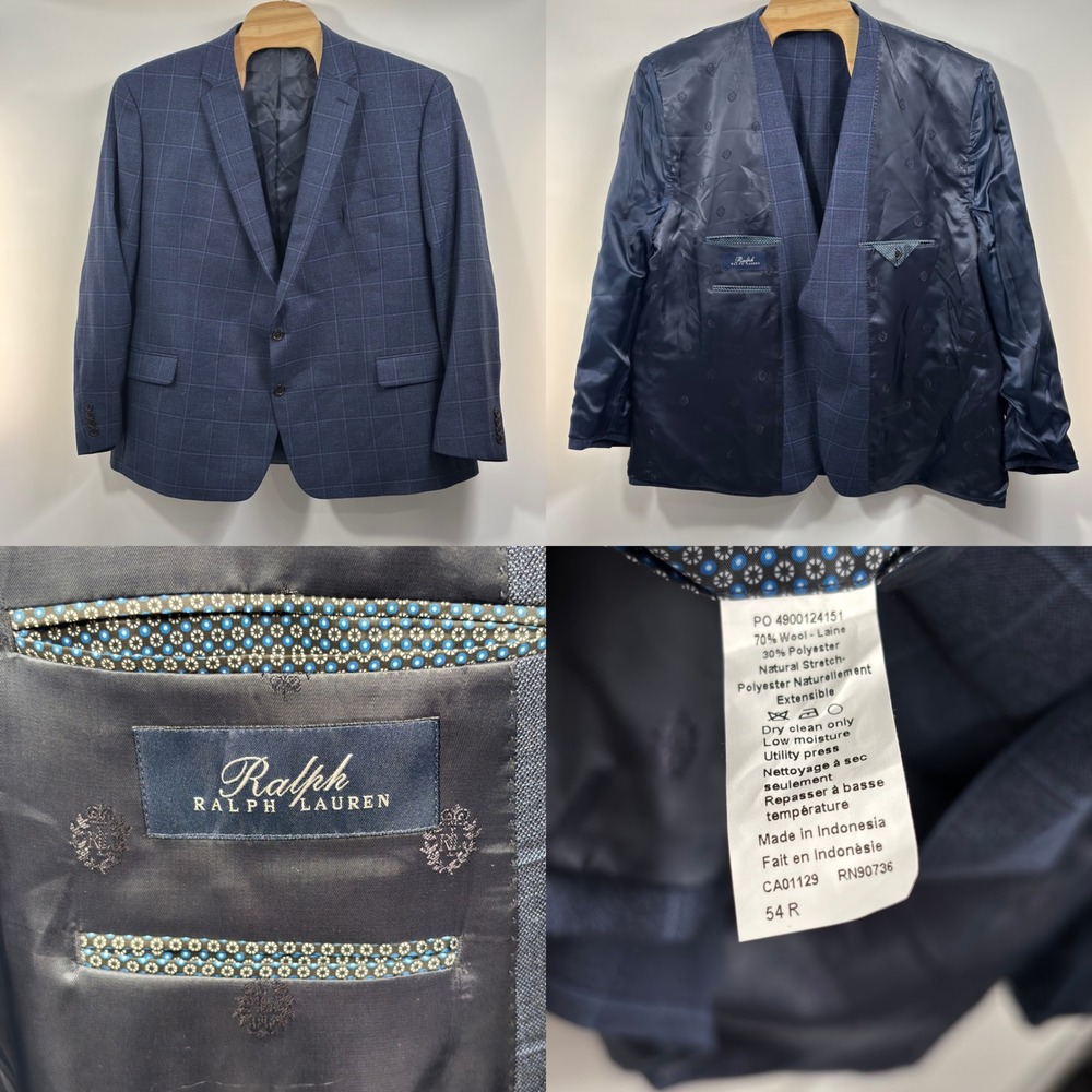Ralph Lauren 54R Blue Windowpane Blazer Sport Coat Wool Big & Tall 2 Button